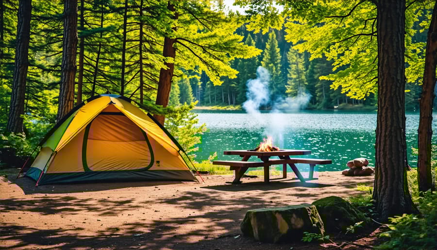 Inviting campsite in the woods at Blue Lake Provincial Park