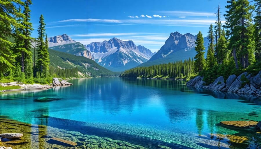 Blue Lake Provincial Park's pristine blue waters reflecting the sky, encircled by lush green forests and granite cliffs, conveying the park's tranquility and natural beauty.