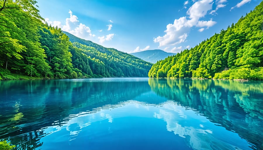 Blue Lake's tranquil waters mirroring the sky and encircled by verdant forests