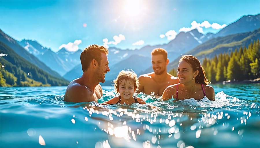 Family having fun swimming and playing in Blue Lake's clear waters