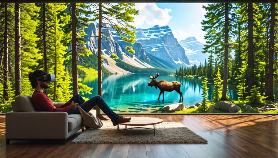 A person in a living room wearing a VR headset while vivid digital imagery of Ontario's national parks, complete with forests and wildlife, appears to be emerging from the virtual experience.