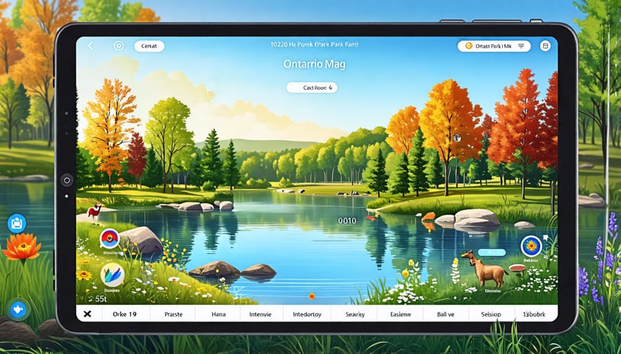 A digital illustration showcasing a serene landscape of an Ontario park viewed through a tablet screen, featuring digital map overlays and augmented reality icons, symbolizing the integration of technology in outdoor exploration.