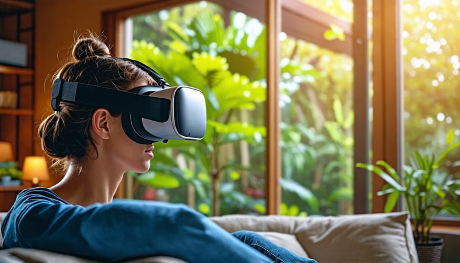 Person experiencing national parks virtually via VR headset from living room
