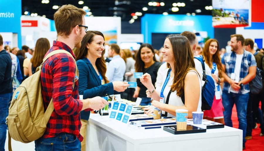 Travel bloggers and tourism board representatives engaging in lively networking at an industry event, with booths showcasing diverse tourism destinations in the background.