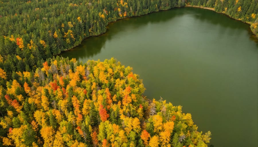 Colorful autumn trees reflecting in still waters, captured by drone in Algonquin Park