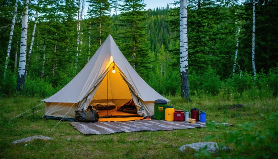 A realistic depiction of an eco-friendly campsite in Ontario, featuring solar lighting, reusable containers, and a tent surrounded by lush forest landscape, highlighting sustainable camping practices.