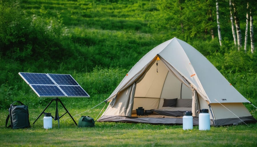 Environmentally conscious campsite with solar-powered lighting and sustainable equipment