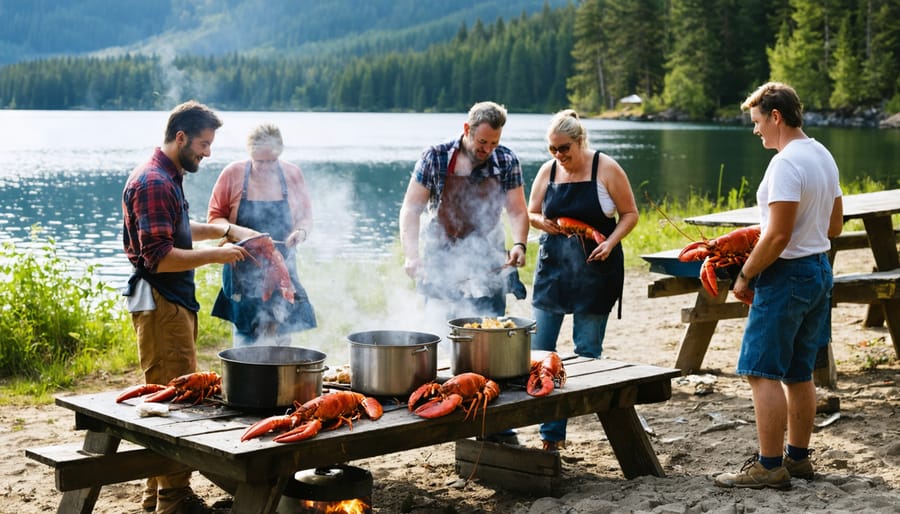 People enjoying a lobster boil picnic on the shores of a lake in Frontenac Provincial Park