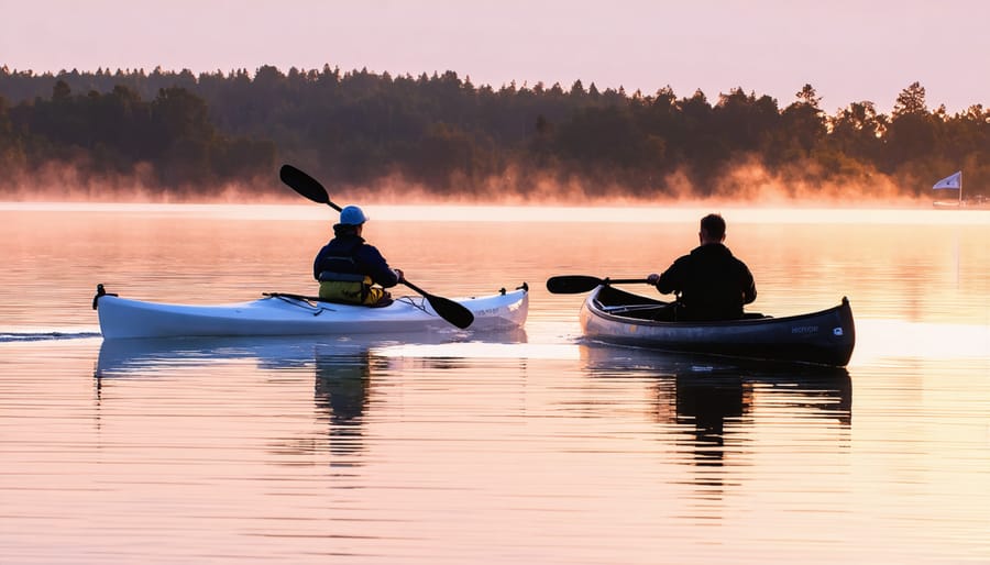 A peaceful lake at dawn with a kayaker using a forward stroke and a canoeist performing a J-stroke, symbolizing the differences between kayaking and canoeing.