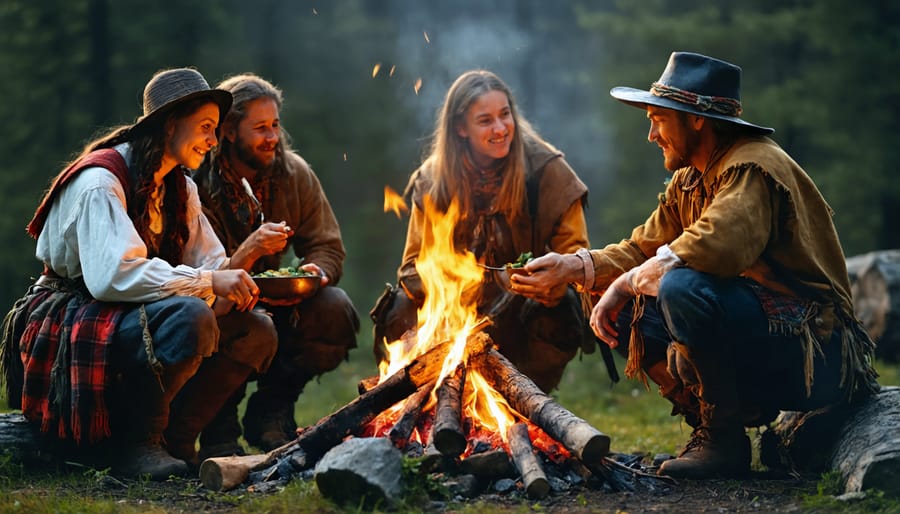 Voyageur-style outdoor feast with people in historical clothing at Quetico Provincial Park