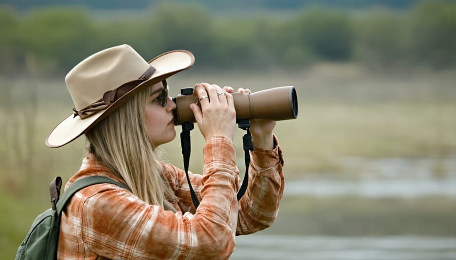 Camper observing wildlife from a respectful distance using binoculars