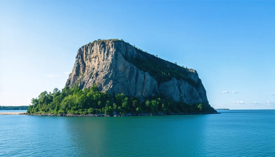 Steep cliffs of the Scarborough Bluffs plunging into Lake Ontario, seen from drone perspective