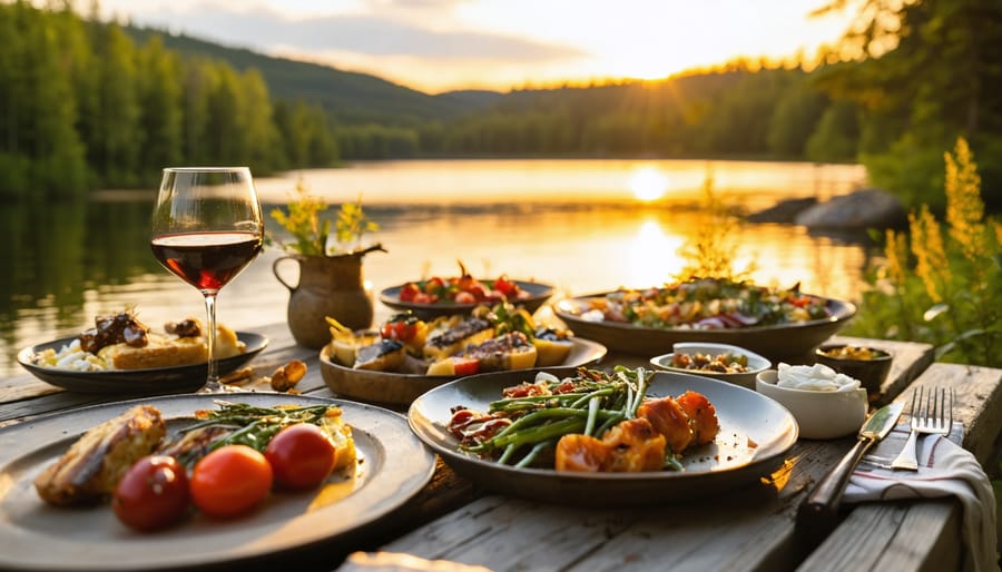 Friends enjoying a gourmet outdoor dining experience by a lakeside in Ontario, with a picturesque sunset and wilderness backdrop.