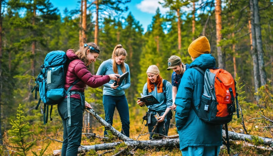A group participating in a wilderness workshop in Ontario, learning skills such as navigation, shelter building, and outdoor cooking, set amidst a forest of tall pines.