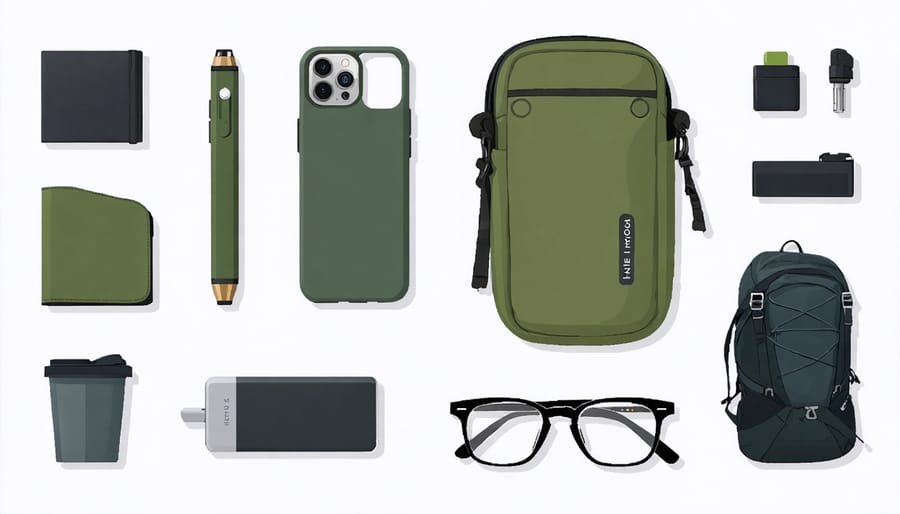 Essential gear layout for Adventure Lab caching including smartphone accessories and outdoor equipment