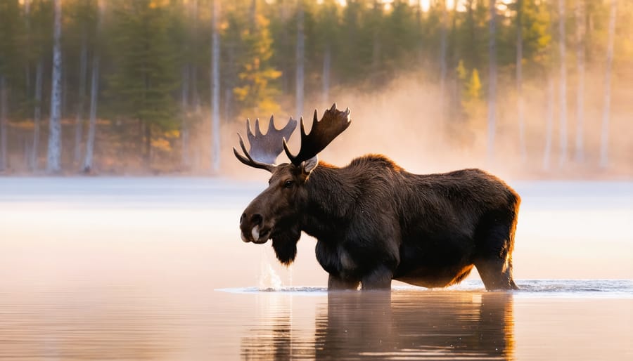 Large bull moose standing in shallow water with steam rising from the lake surface in Algonquin Provincial Park