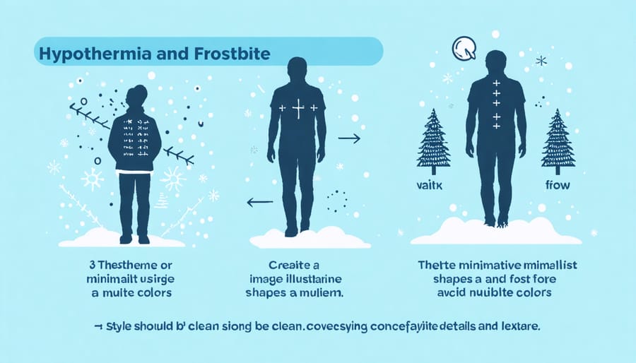 Visual guide depicting various stages of hypothermia and frostbite with warning signs and symptoms