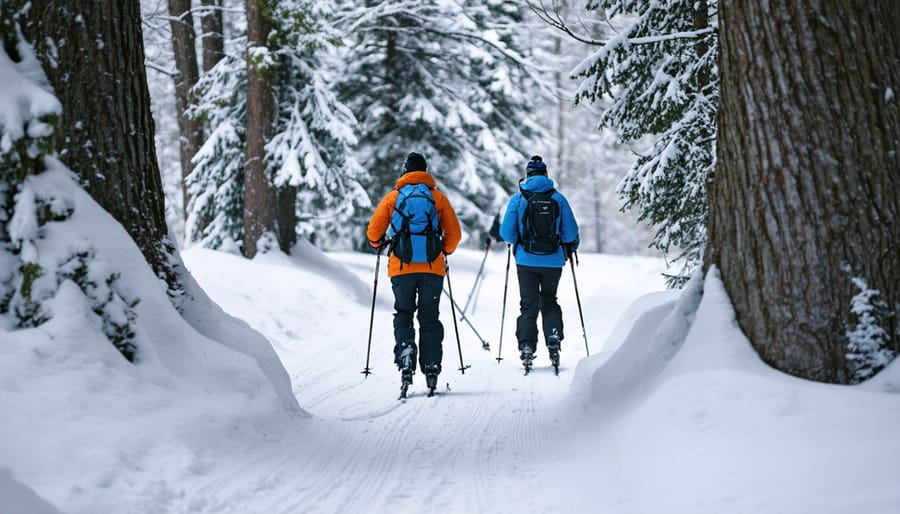 Cross-country skiers on a groomed winter trail surrounded by snow-covered pine trees