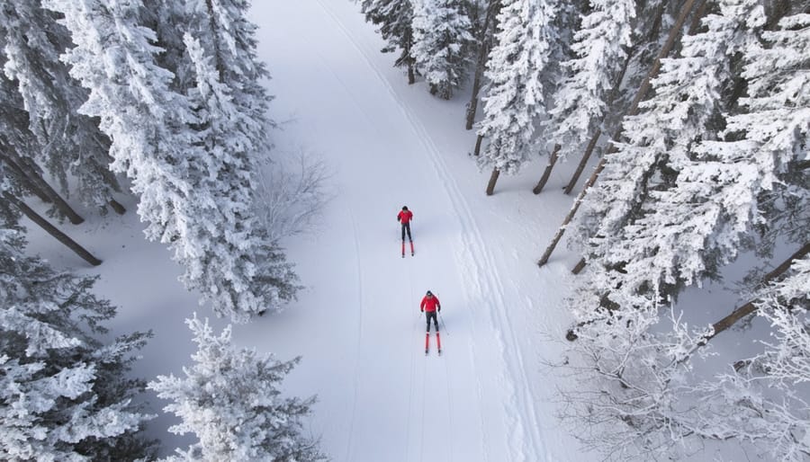 Cross-country skiers following groomed trails through a snowy forest landscape