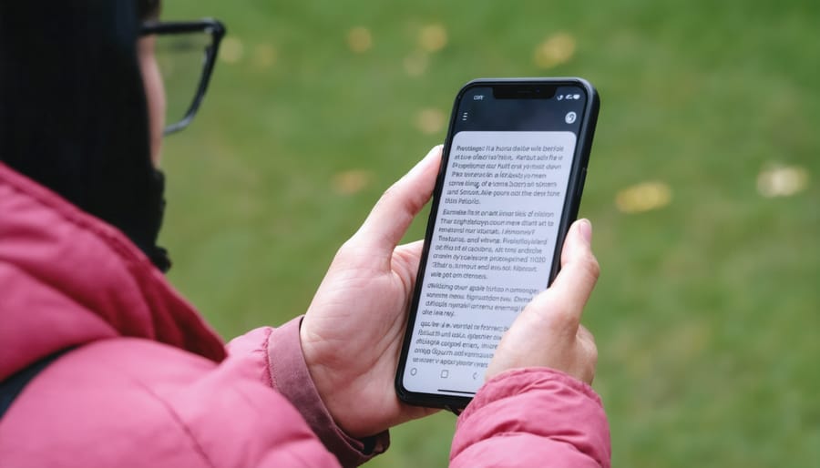 Person using mobile translation app to understand park information display