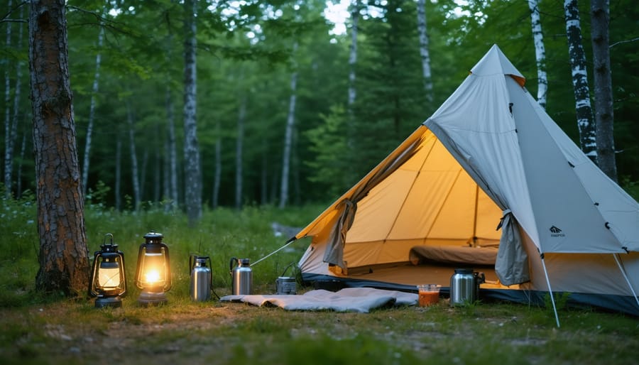 Eco-conscious campsite in Ontario featuring a tent made from recycled materials, illuminated by solar lanterns, surrounded by sustainable camping gear.