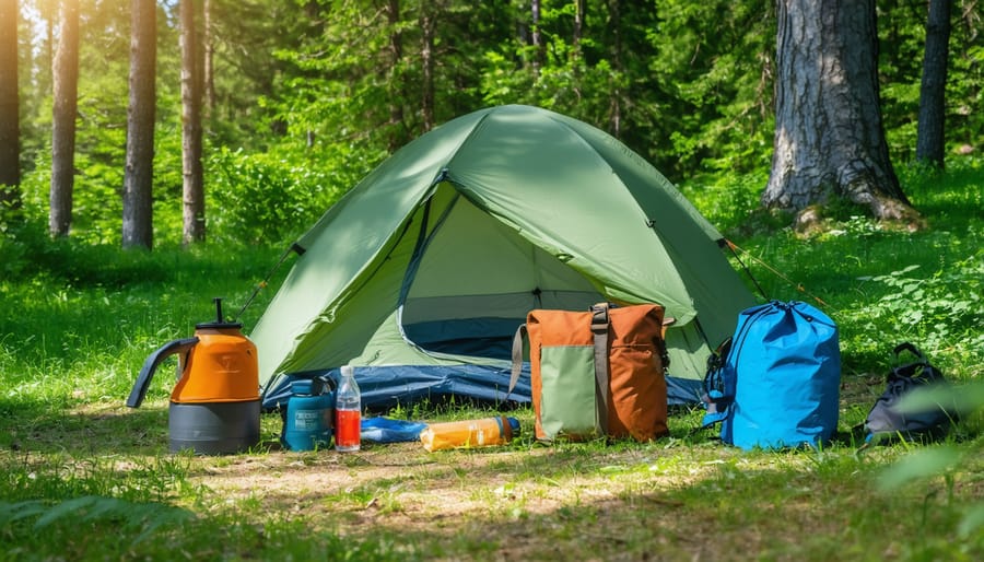 Well-organized RV campsite featuring reusable gear and minimal environmental impact