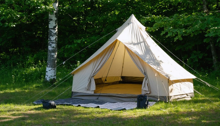 Eco-friendly tent made from recycled materials set up in a forested Ontario campsite with solar lanterns