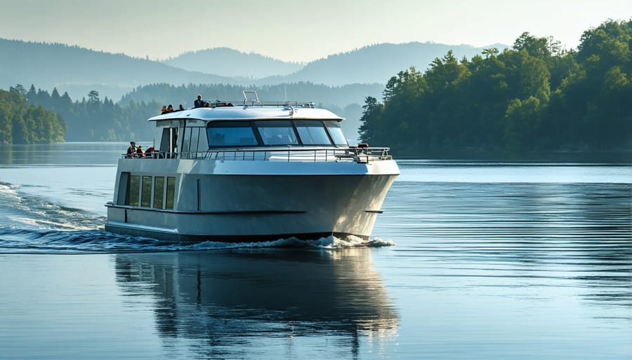 Eco-friendly electric tour boat carrying passengers across a pristine park lake