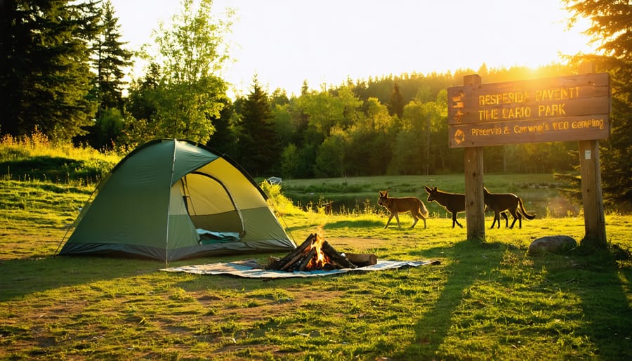 Scenic Ontario Park campsite at sunset, featuring a well-organized tent setup, safe campfire, and eco-friendly gear representing responsible camping practices.