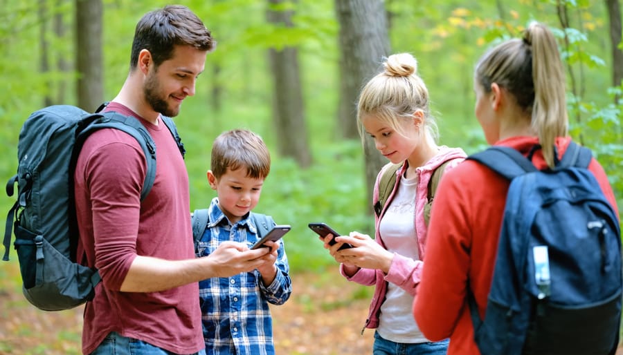Family exploring an Ontario park trail while following Adventure Lab clues on their phones