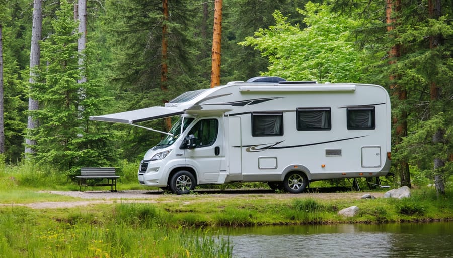 A modern eco-friendly RV equipped with solar panels and water conservation features parked amidst Ontario's picturesque natural landscape.