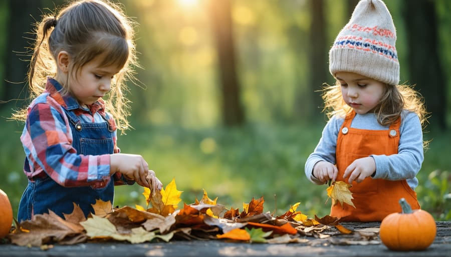 Kids engaged in outdoor fall activities using natural materials from the park