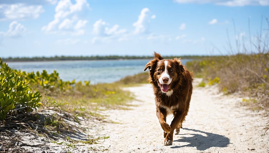 Dog and owner hiking along coastal trail at Honeymoon Island State Park