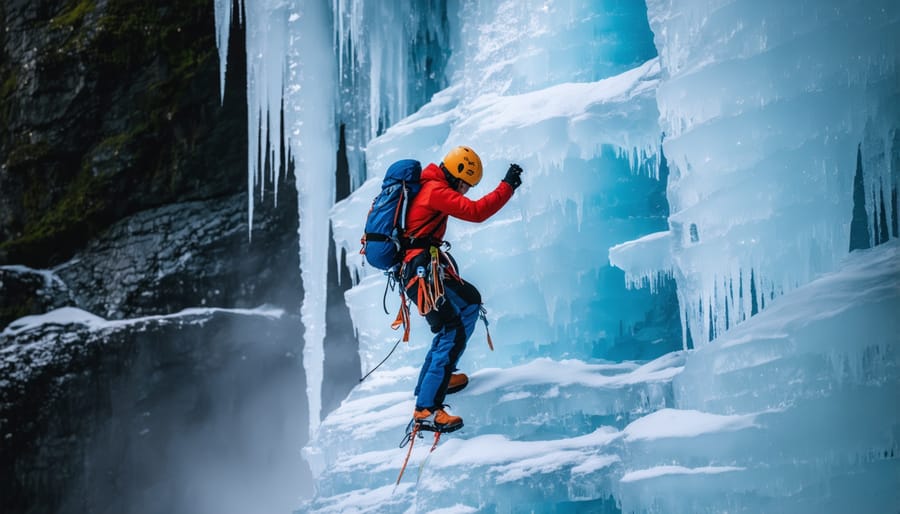 Professional ice climber ascending a frozen waterfall with ropes and climbing gear