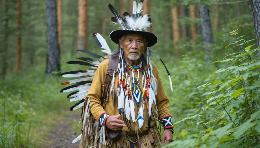 Indigenous guide sharing cultural knowledge with diverse group of visitors in Ontario park
