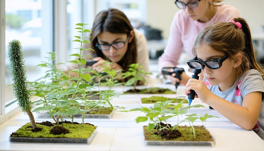 Group of students participating in hands-on learning activities at ecology park stations