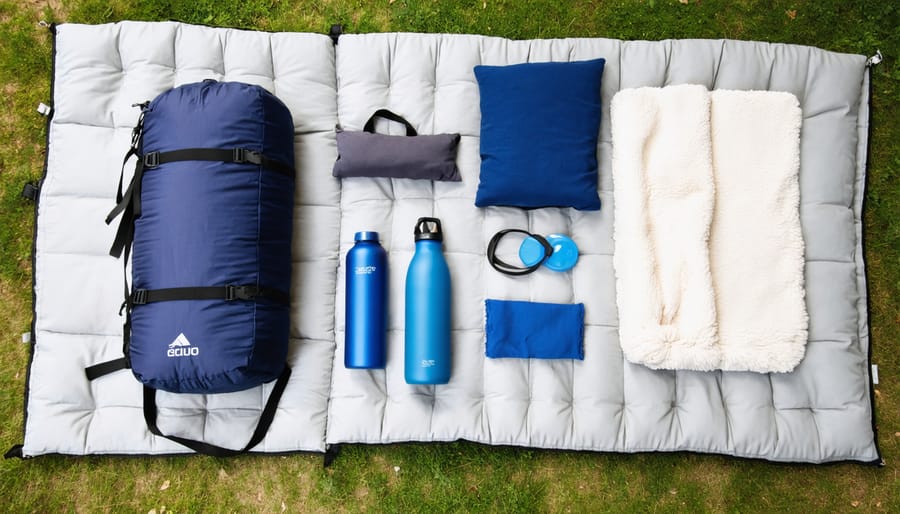 Flat lay of outdoor meditation gear and essential items for nature retreats