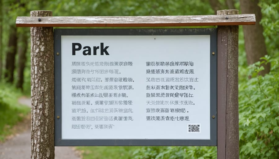 Multilingual park information board displaying trail information in English, French, and Ojibwe