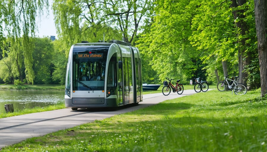An electric shuttle bus traverses a forested park trail in Ontario, accompanied by an electric boat on a serene lake and a nearby bike-sharing station, showcasing eco-friendly transportation methods in harmony with nature.