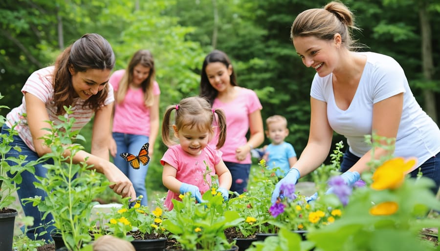 Diverse group of people, including children and educators, actively engaged in outdoor activities at Ontario's Ecology Park. The scene showcases a butterfly garden, native plant nursery, and interactive learning stations.