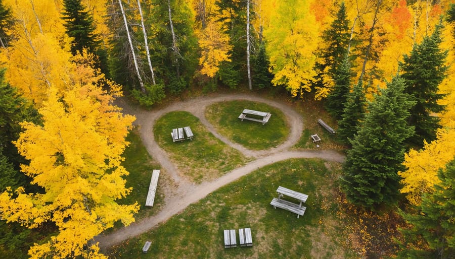 Scenic autumn landscape of an Ontario park with red and orange fall foliage and designated picnic spots