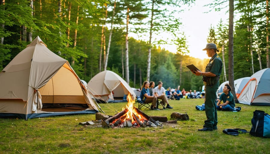 Sunrise at an Ontario park campground with tents, a group of campers by a campfire, and a park ranger using a tablet for inspections, showcasing the balance of hospitality, efficiency, and stewardship.