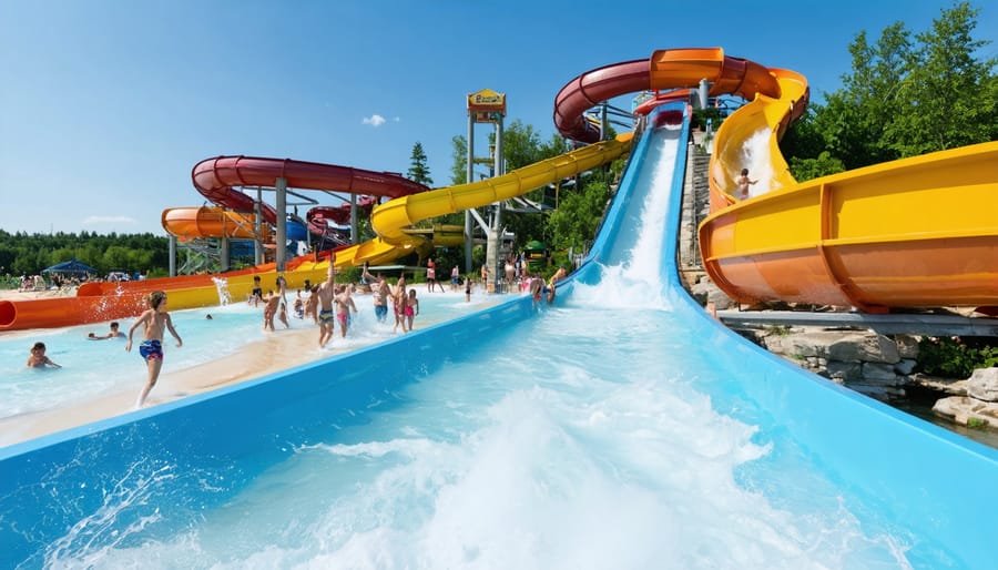 An imaginative blend of Ontario's diverse water park attractions, showing water slides cascading into clear pools surrounded by greenery, with a sandy beach in the background. Families and thrill-seekers enjoy both the slides and the natural surroundings.