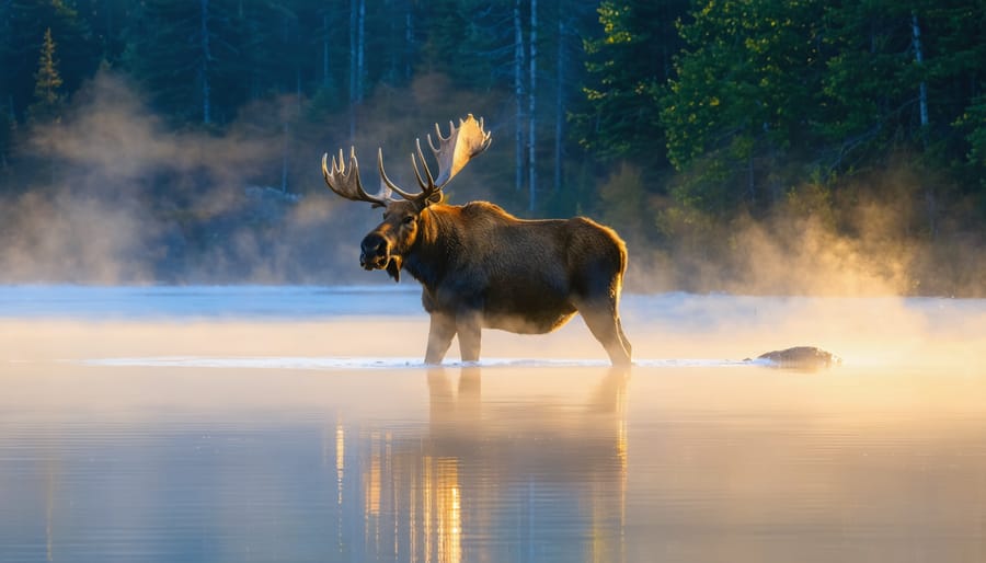 A bull moose stands in the shallow waters of a misty lake at sunrise in Algonquin Provincial Park, its reflection shimmering in the soft golden light, epitomizing the natural beauty of Canada's wilderness safari experience.