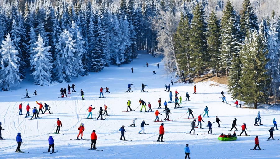 A diverse group of people enjoying various winter sports like cross-country skiing, snowshoeing, ice skating, and snow tubing in a picturesque snow-covered Ontario park, surrounded by frost-covered trees and a blue sky.
