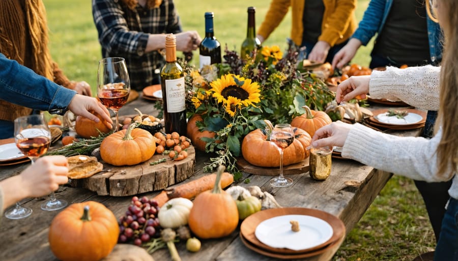 Family-style harvest feast with seasonal dishes and decorations at an outdoor park table