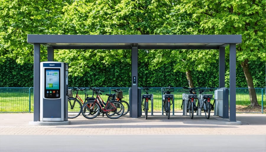 Modern bike sharing station with multiple bicycles available for rent near park visitor center