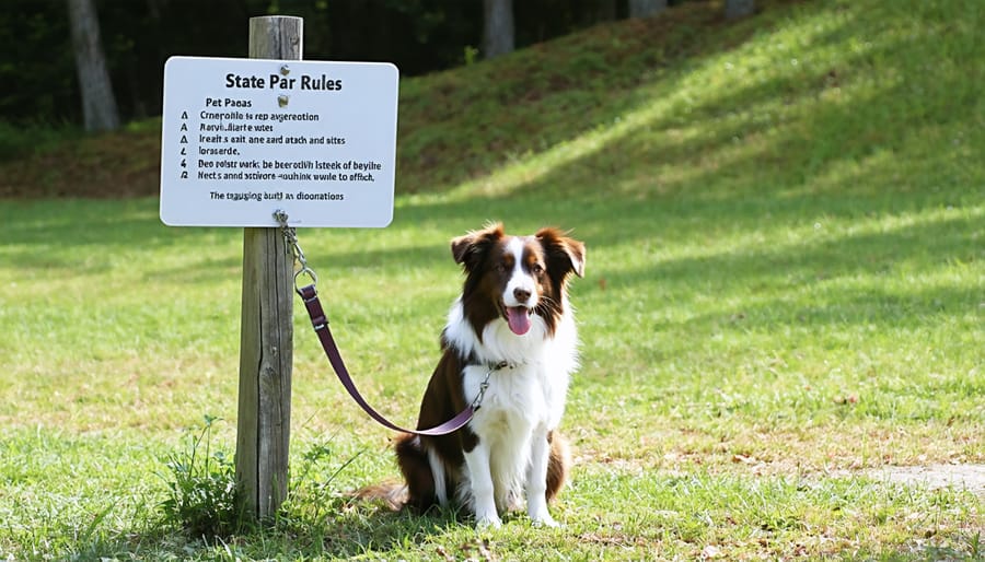 State park pet policy sign with leashed dog in foreground