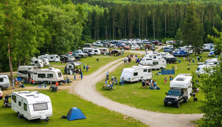 Bird's eye view of a fully occupied campground with multiple campsites and activities