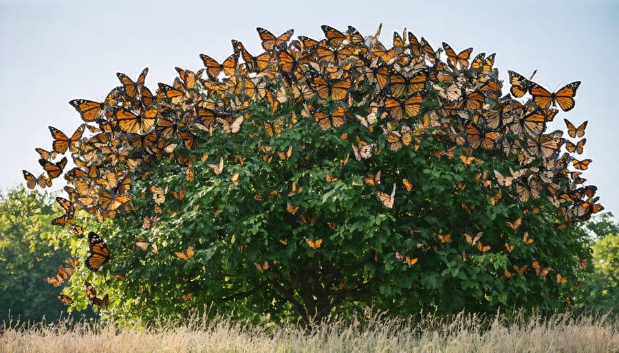 Orange and black monarch butterflies covering tree branches during their annual migration at Point Pelee National Park